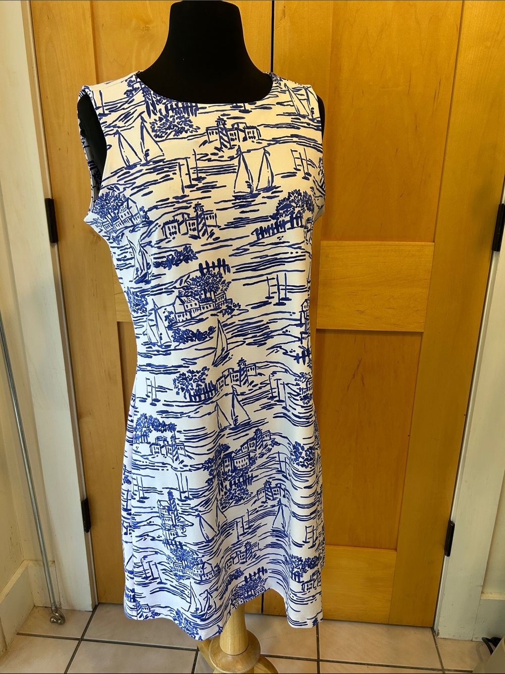 MAHI GOLD White and Blue Nautical Print Sleeveless Shift Dress Large